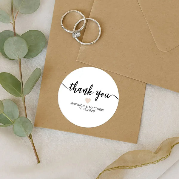 Personalised Thank You Wedding Stickers – Modern Script with Nude Heart - Sticksy Prints Australia
