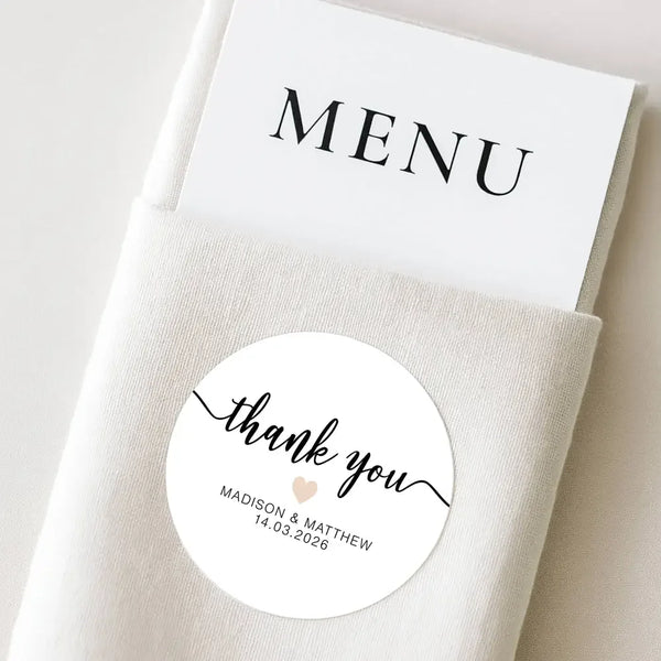 Personalised Thank You Wedding Stickers – Modern Script with Nude Heart - Sticksy Prints Australia