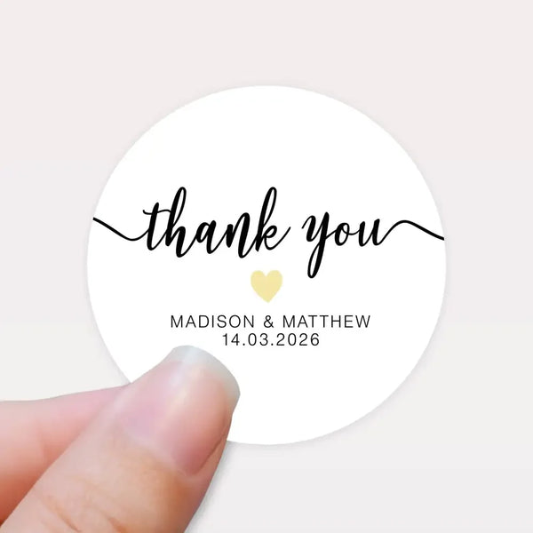 Personalised Thank You Wedding Stickers – Modern Script with Pastel Yellow Heart - Sticksy Prints Australia