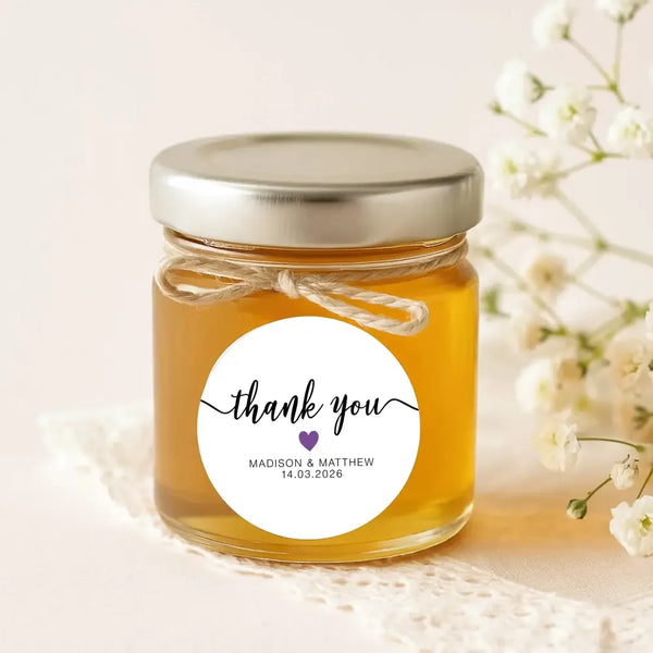 Personalised Thank You Wedding Stickers – Modern Script with Purple Heart - Sticksy Prints Australia