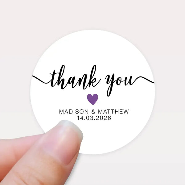 Personalised Thank You Wedding Stickers – Modern Script with Purple Heart - Sticksy Prints Australia
