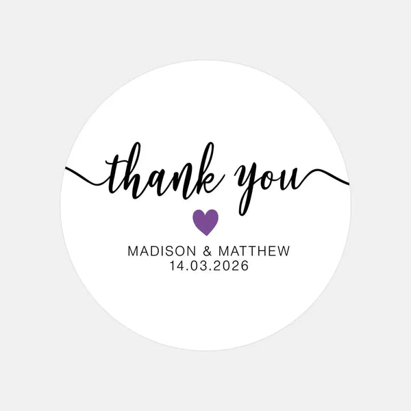 Personalised Thank You Wedding Stickers – Modern Script with Purple Heart - Sticksy Prints Australia