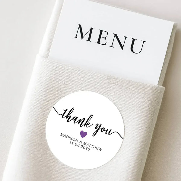 Personalised Thank You Wedding Stickers – Modern Script with Purple Heart - Sticksy Prints Australia