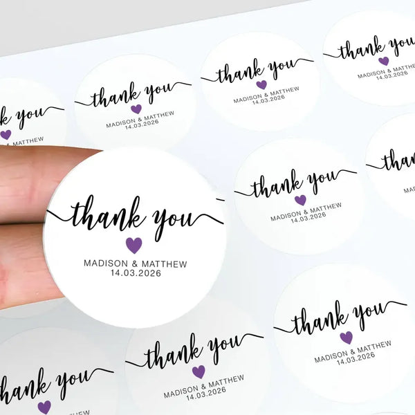 Personalised Thank You Wedding Stickers – Modern Script with Purple Heart - Sticksy Prints Australia