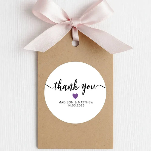 Personalised Thank You Wedding Stickers – Modern Script with Purple Heart - Sticksy Prints Australia