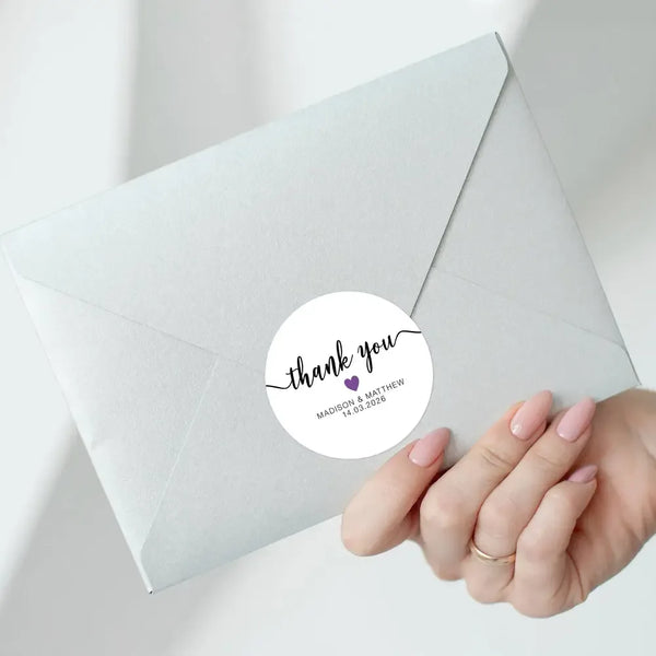 Personalised Thank You Wedding Stickers – Modern Script with Purple Heart - Sticksy Prints Australia