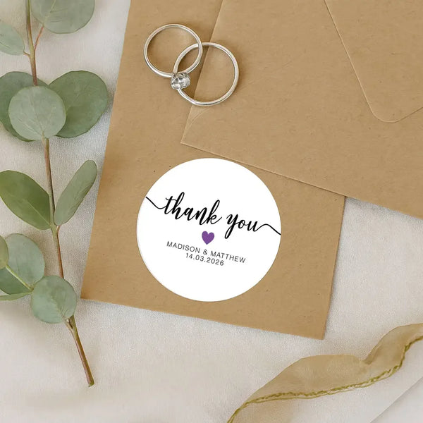 Personalised Thank You Wedding Stickers – Modern Script with Purple Heart - Sticksy Prints Australia