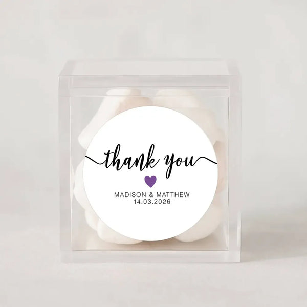 Personalised Thank You Wedding Stickers – Modern Script with Purple Heart - Sticksy Prints Australia