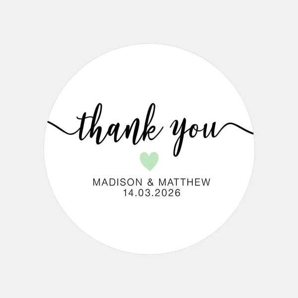 Personalised Thank You Wedding Stickers – Modern Script with Sage Green Heart - Sticksy Prints Australia