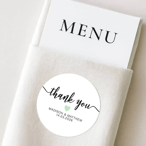 Personalised Thank You Wedding Stickers – Modern Script with Sage Green Heart - Sticksy Prints Australia