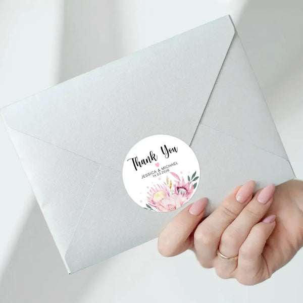 Personalised Thank You Wedding Stickers – Pink Protea & Blush Floral Design - Sticksy Prints Australia