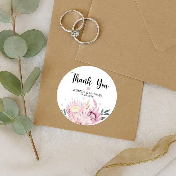 Personalised Thank You Wedding Stickers – Pink Protea & Blush Floral Design - Sticksy Prints Australia