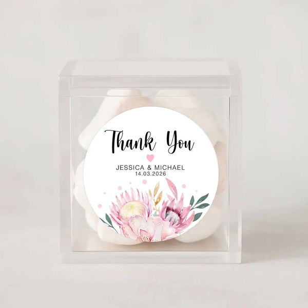 Personalised Thank You Wedding Stickers – Pink Protea & Blush Floral Design