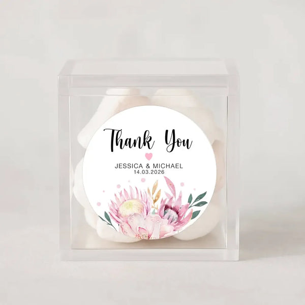 Personalised Thank You Wedding Stickers – Pink Protea & Blush Floral Design - Sticksy Prints Australia