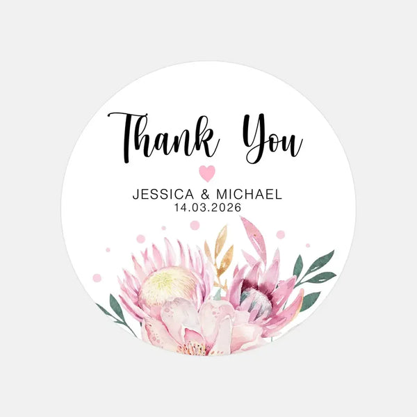 Personalised Thank You Wedding Stickers – Pink Protea & Blush Floral Design - Sticksy Prints Australia