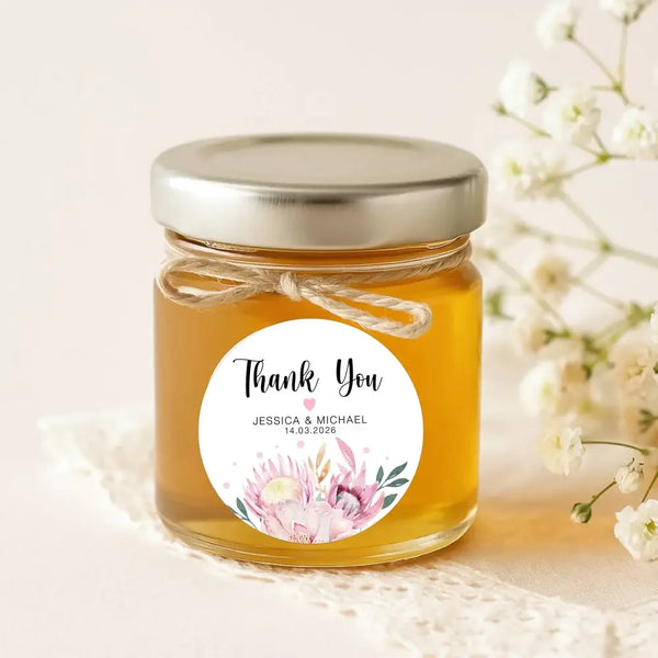 Personalised Thank You Wedding Stickers – Pink Protea & Blush Floral Design - Sticksy Prints Australia