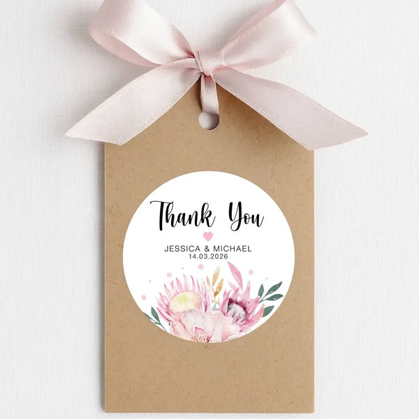 Personalised Thank You Wedding Stickers – Pink Protea & Blush Floral Design - Sticksy Prints Australia