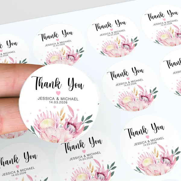 Personalised Thank You Wedding Stickers – Pink Protea & Blush Floral Design