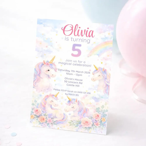 Personalised Unicorn Birthday Invitations | Magical Rainbow Party Invites - Sticksy Prints Australia