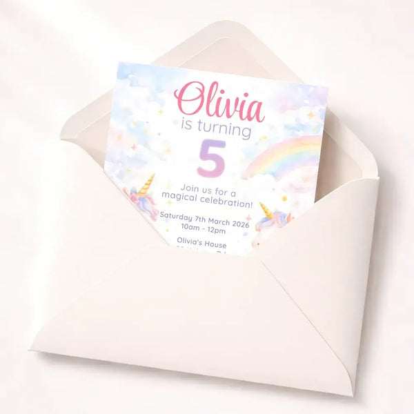 Personalised Unicorn Birthday Invitations | Magical Rainbow Party Invites - Sticksy Prints Australia