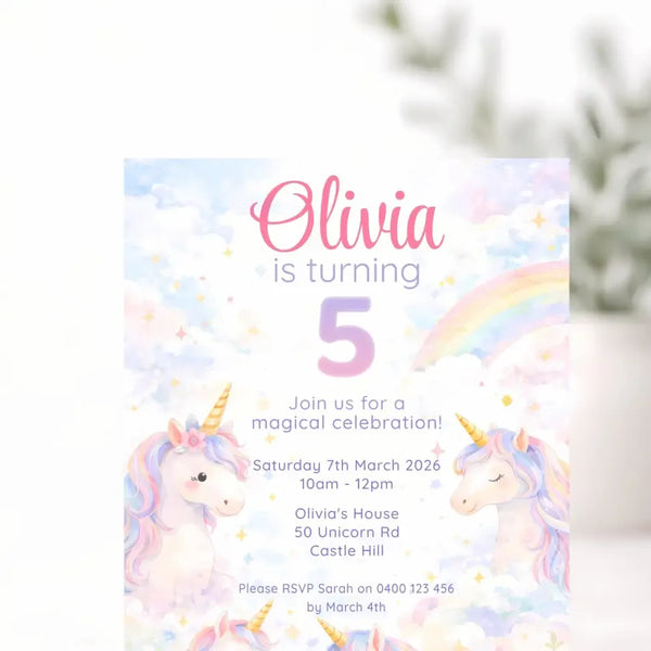 Personalised Unicorn Birthday Invitations | Magical Rainbow Party Invites - Sticksy Prints Australia