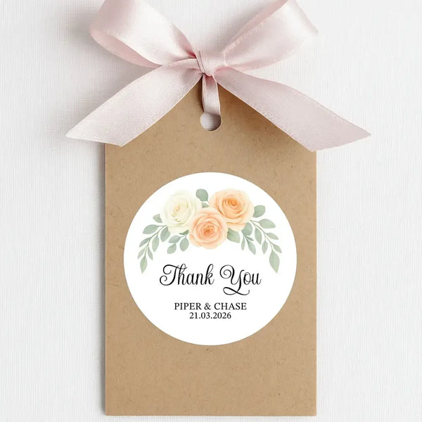 Personalised Wedding Thank You Stickers | Apricot & Ivory Rose Floral Design - Sticksy Prints Australia