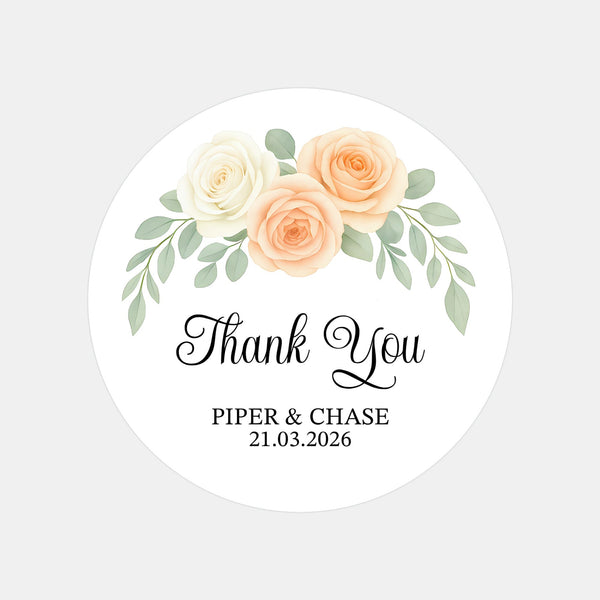 Personalised Wedding Thank You Stickers | Apricot & Ivory Rose Floral Design