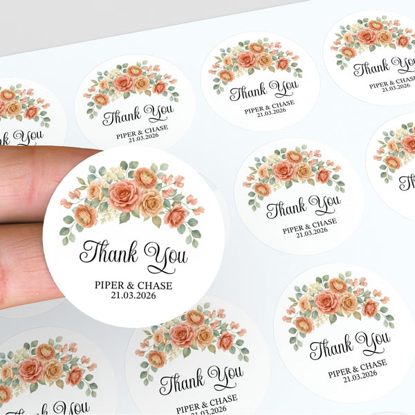 Personalised Wedding Thank You Stickers | Apricot Rose Floral Design