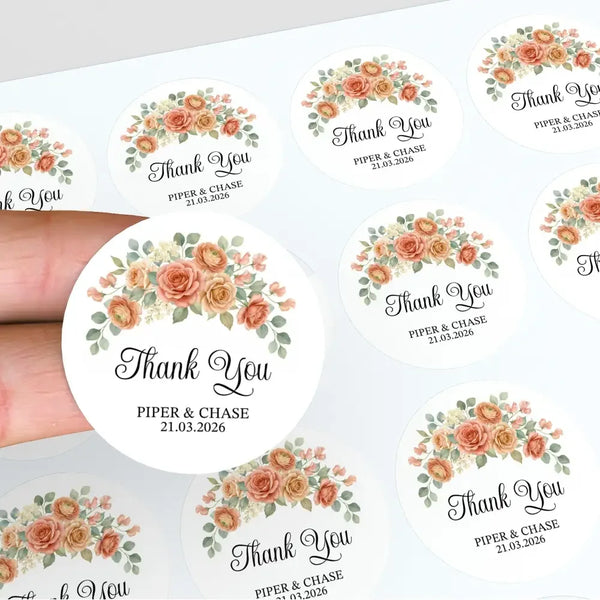 Personalised Wedding Thank You Stickers | Apricot Rose Floral Design - Sticksy Prints Australia