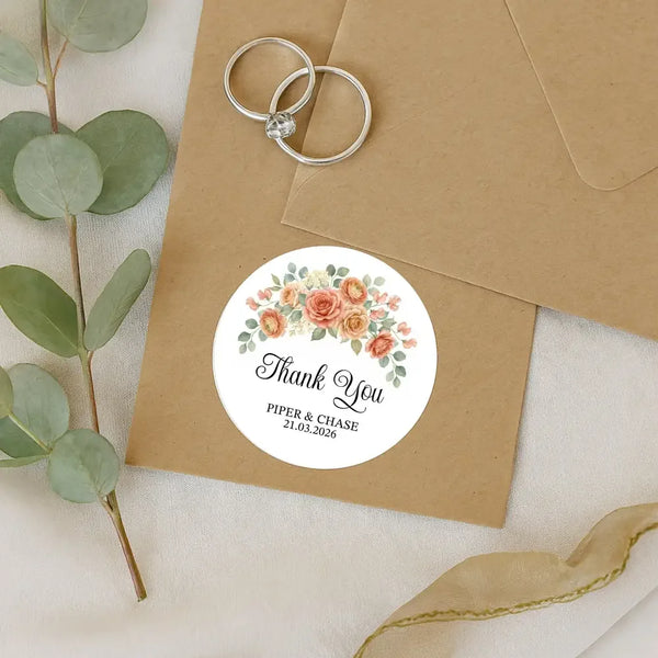 Personalised Wedding Thank You Stickers | Apricot Rose Floral Design - Sticksy Prints Australia