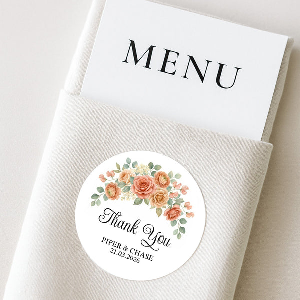 Personalised Wedding Thank You Stickers | Apricot Rose Floral Design