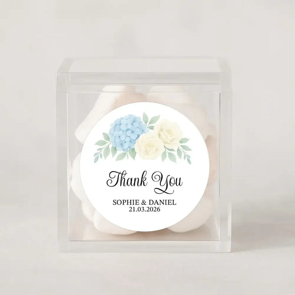 Personalised Wedding Thank You Stickers | Blue Hydrangea & Ivory Rose Floral Design - Sticksy Prints Australia