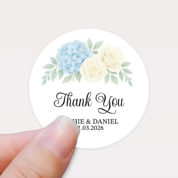 Personalised Wedding Thank You Stickers | Blue Hydrangea & Ivory Rose Floral Design - Sticksy Prints Australia