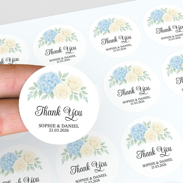 Personalised Wedding Thank You Stickers | Blue Hydrangea & Ivory Rose Floral Design