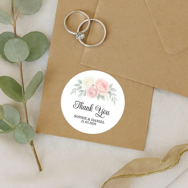 Personalised Wedding Thank You Stickers | Blush & Ivory Rose Floral Design - Sticksy Prints Australia