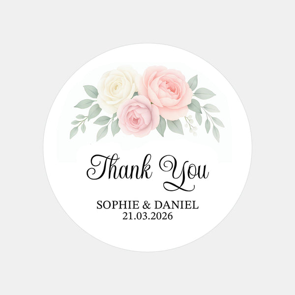 Personalised Wedding Thank You Stickers | Blush & Ivory Rose Floral Design