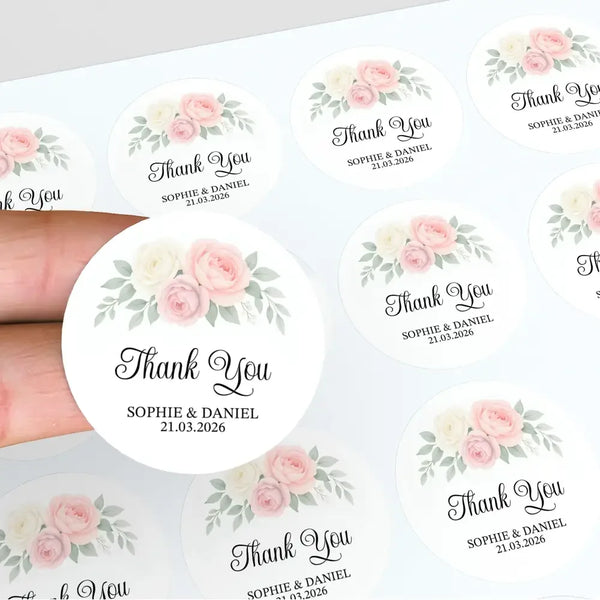 Personalised Wedding Thank You Stickers | Blush & Ivory Rose Floral Design - Sticksy Prints Australia