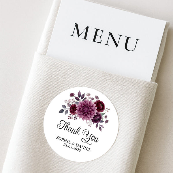 Personalised Wedding Thank You Stickers | Burgundy & Plum Floral Design