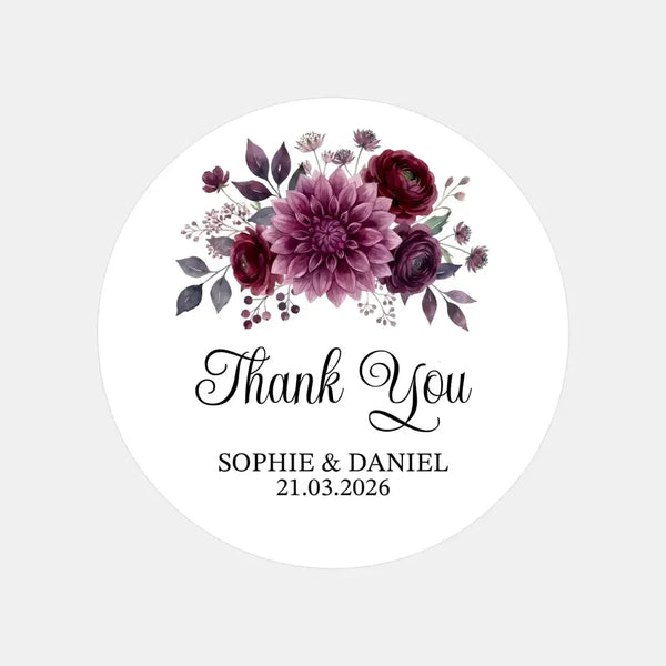 Personalised Wedding Thank You Stickers | Burgundy & Plum Floral Design - Sticksy Prints Australia