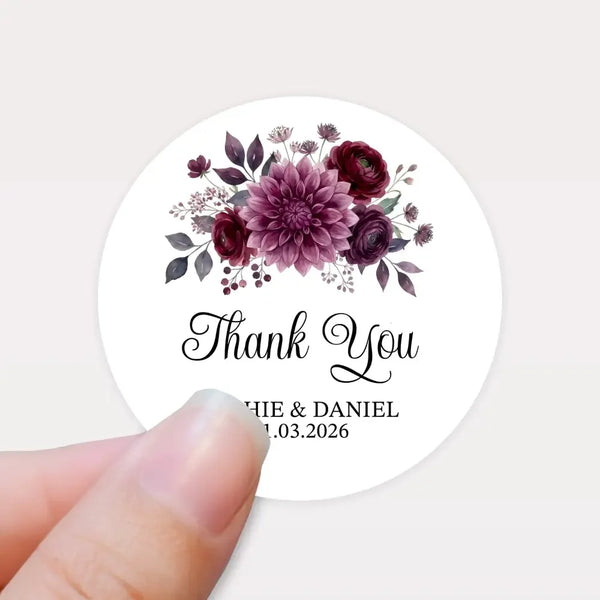Personalised Wedding Thank You Stickers | Burgundy & Plum Floral Design - Sticksy Prints Australia
