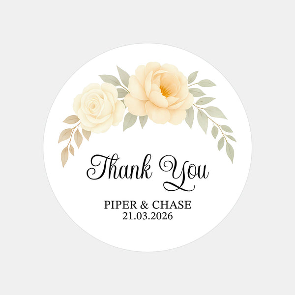 Personalised Wedding Thank You Stickers | Cream & Ivory Rose Floral Design