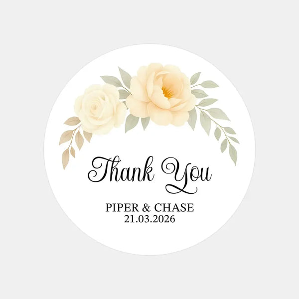 Personalised Wedding Thank You Stickers | Cream & Ivory Rose Floral Design - Sticksy Prints Australia