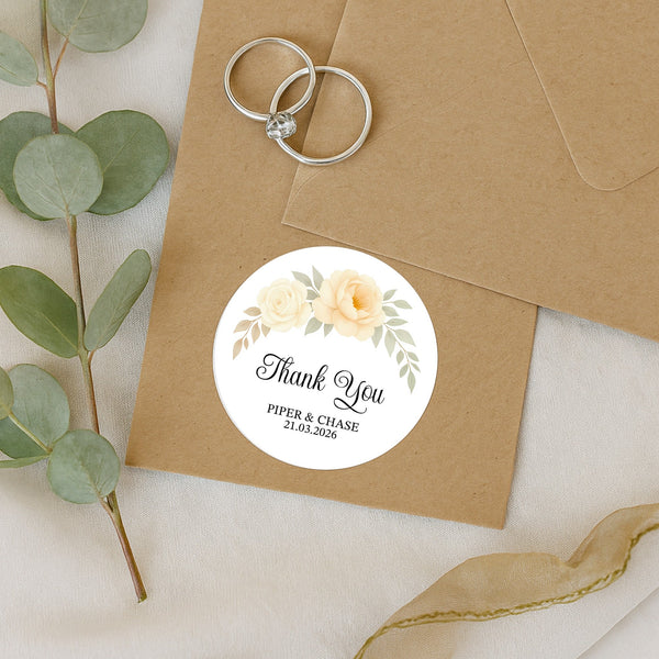 Personalised Wedding Thank You Stickers | Cream & Ivory Rose Floral Design