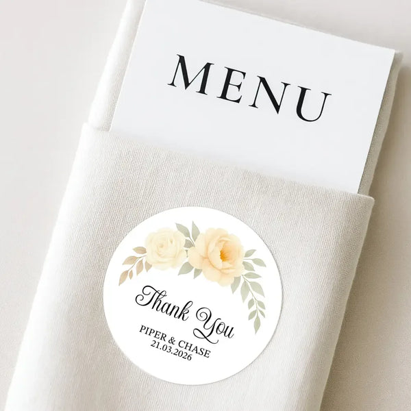 Personalised Wedding Thank You Stickers | Cream & Ivory Rose Floral Design - Sticksy Prints Australia