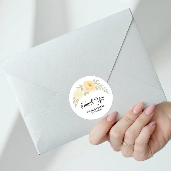 Personalised Wedding Thank You Stickers | Cream & Ivory Rose Floral Design - Sticksy Prints Australia