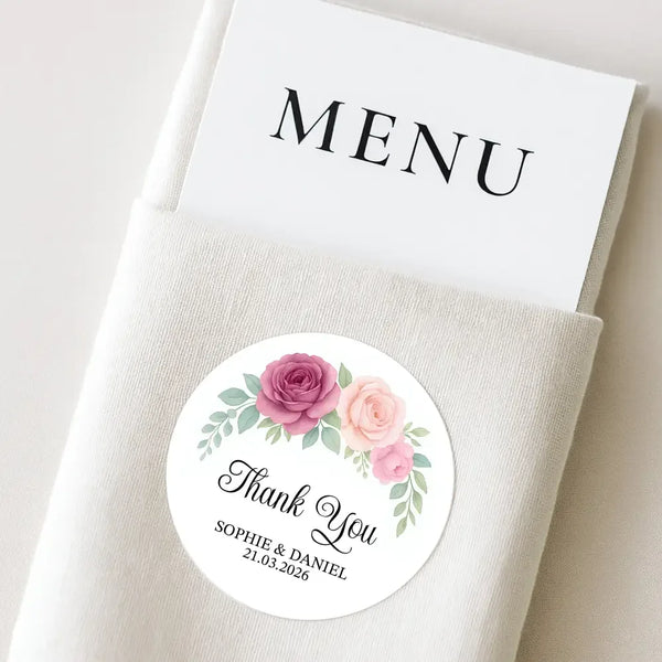 Personalised Wedding Thank You Stickers | Dusty Mauve & Blush Rose Floral Design - Sticksy Prints Australia