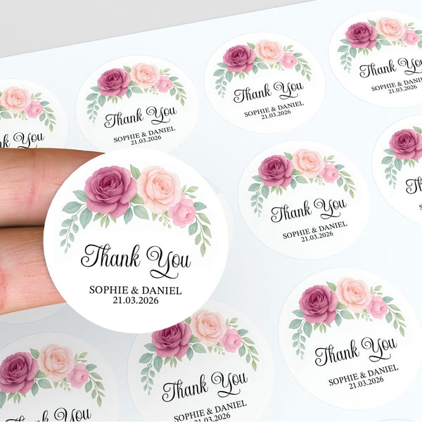 Personalised Wedding Thank You Stickers | Dusty Mauve & Blush Rose Floral Design