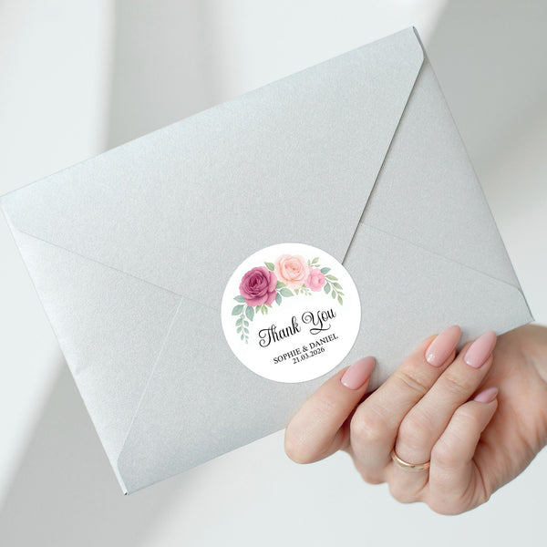 Personalised Wedding Thank You Stickers | Dusty Mauve & Blush Rose Floral Design