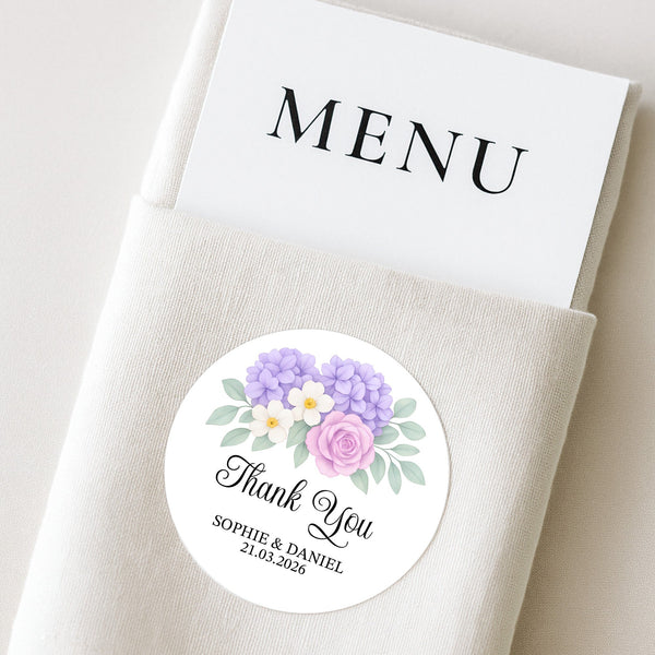 Personalised Wedding Thank You Stickers | Lavender Hydrangea & Lilac Rose Floral Design