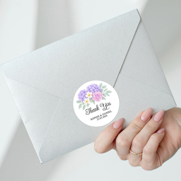 Personalised Wedding Thank You Stickers | Lavender Hydrangea & Lilac Rose Floral Design